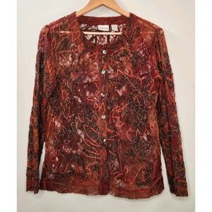 Vintage Chicos Women Burnt Orange Leaf Lace Button Cardigan Autumn Fairy Grunge